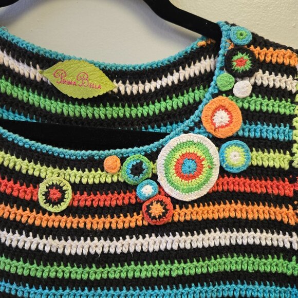 Vintage Prima Bella Hand-Crocheted Striped Rainbow Boho Top M - Picture 5 of 9